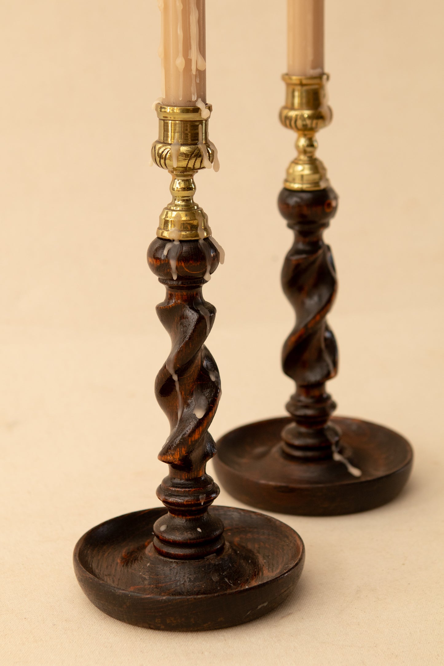 Pair of Barley Twist Candlesticks with Brass Tops