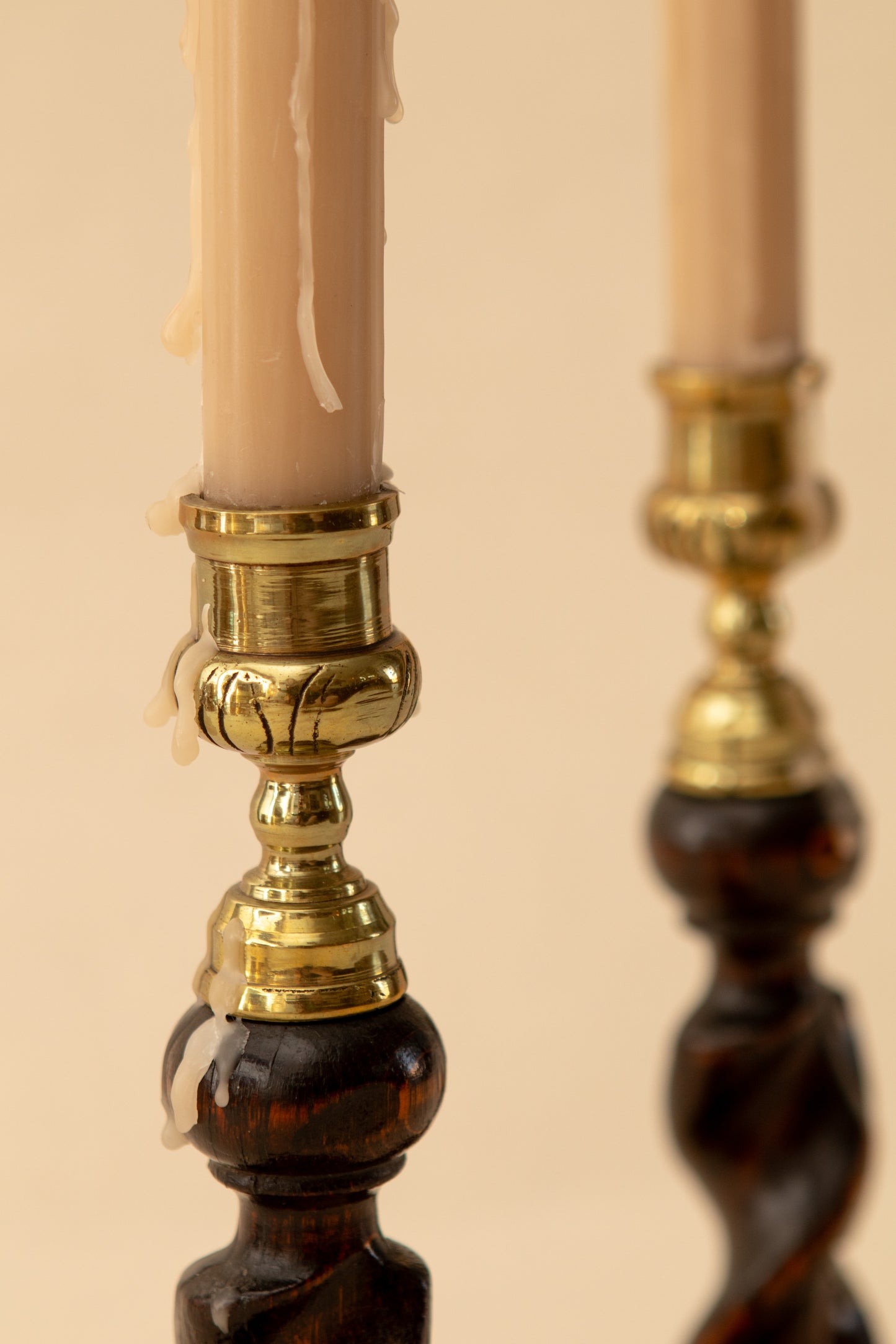 Pair of Barley Twist Candlesticks with Brass Tops