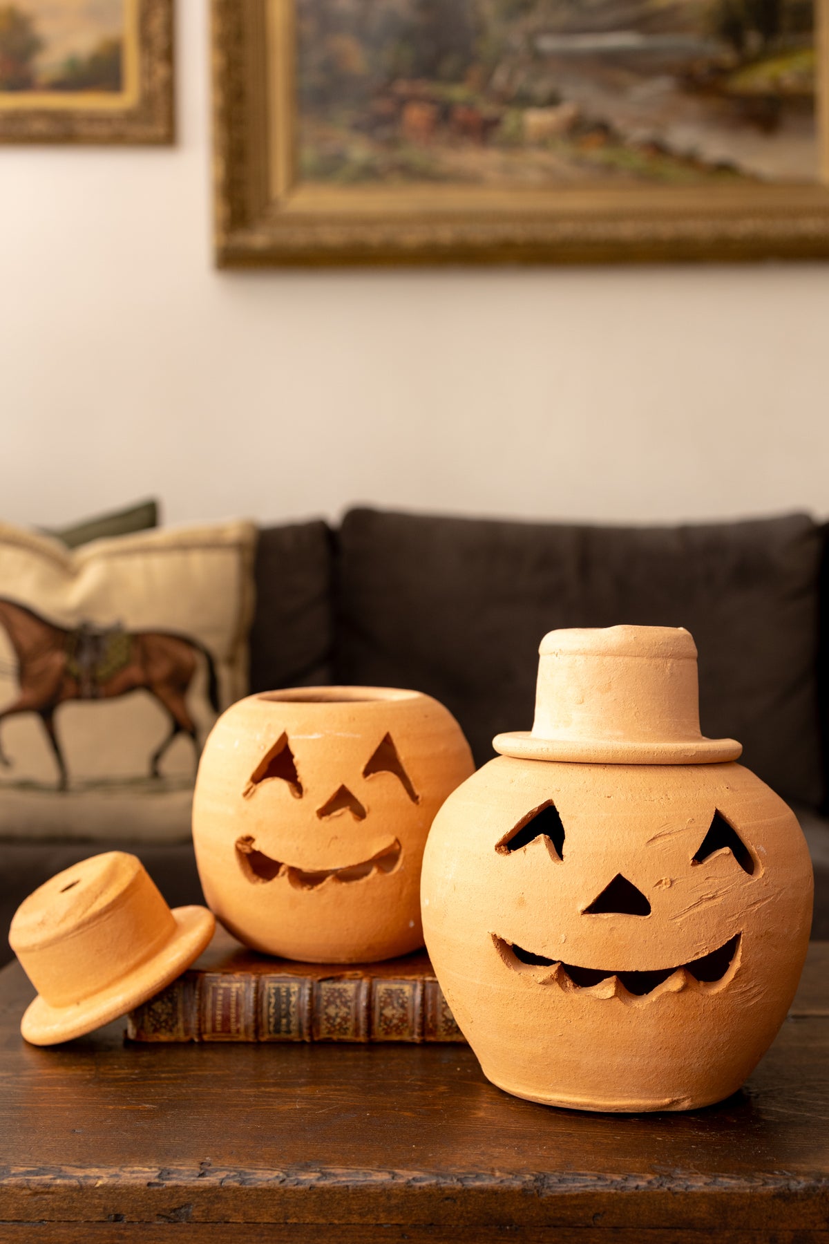 Vintage Hewell’s Pottery Terracotta Jack o’ Lanterns — Pair