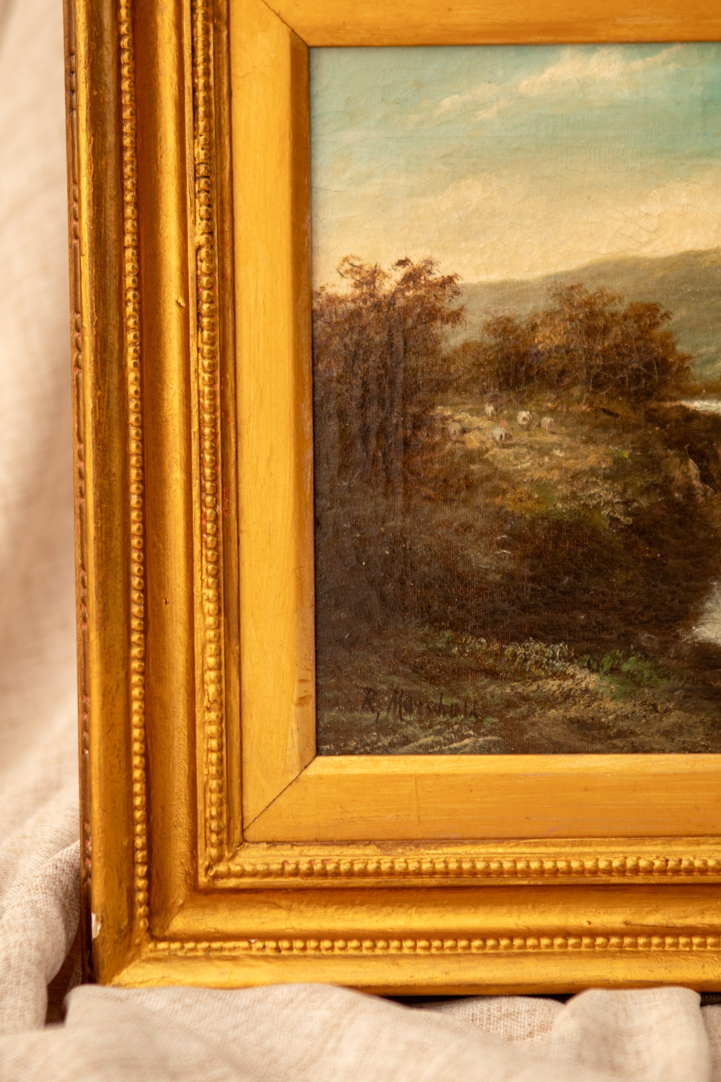 Antique Landscape Oil Painting with Sheep