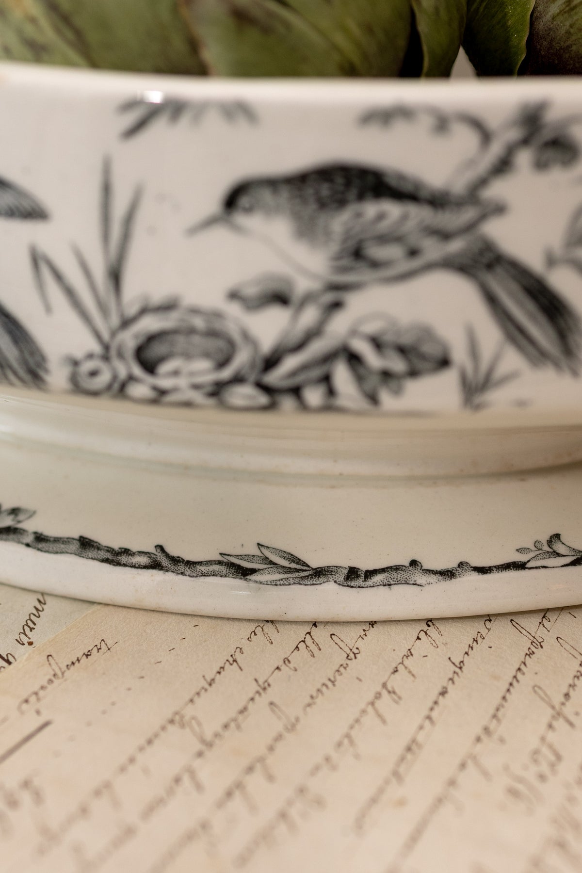 Antique Black Transferware Handled Bowl