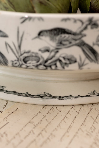 Antique Black Transferware Handled Bowl