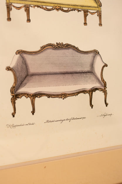 Framed Hand-Colored Sofa Engraving