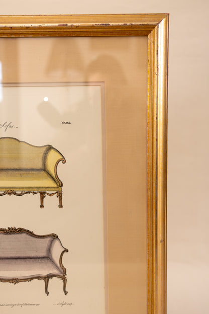 Framed Hand-Colored Sofa Engraving
