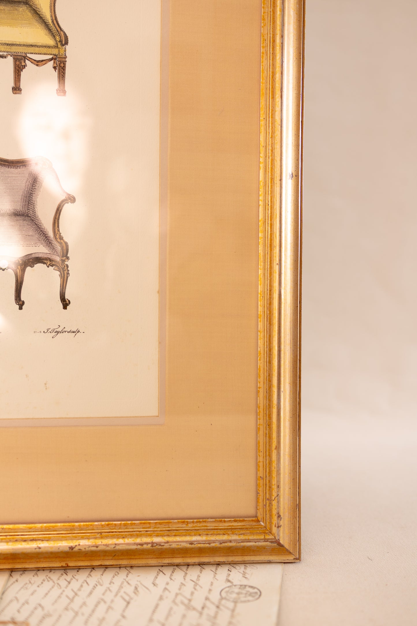 Framed Hand-Colored Sofa Engraving