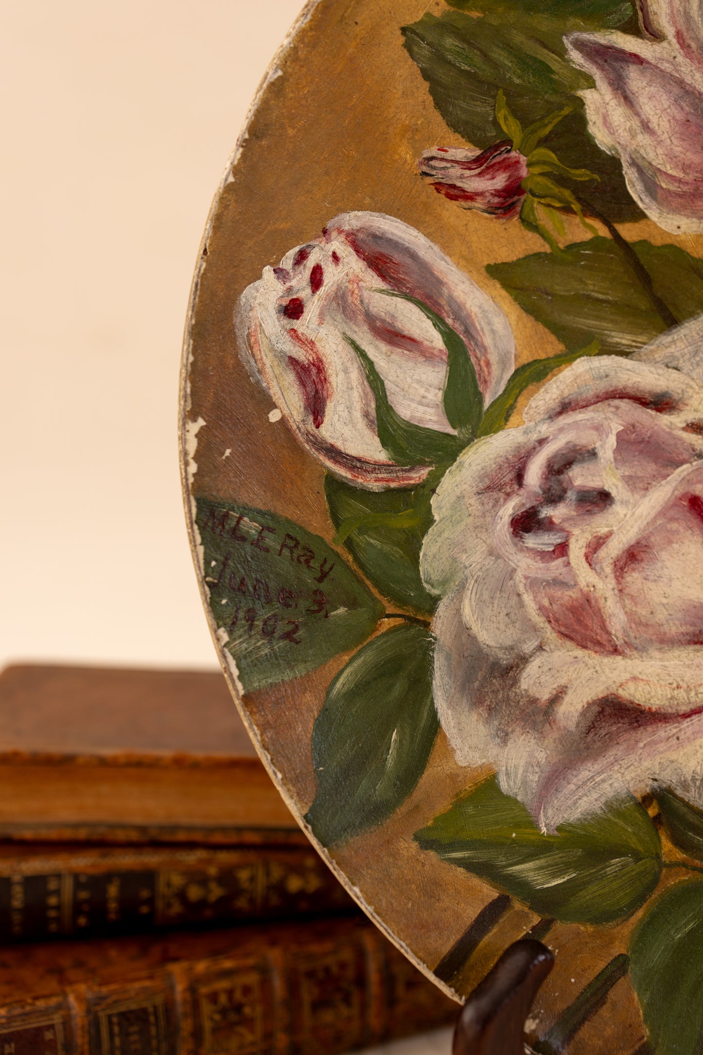 Antique Floral Oil Painting on Paper Mache Board