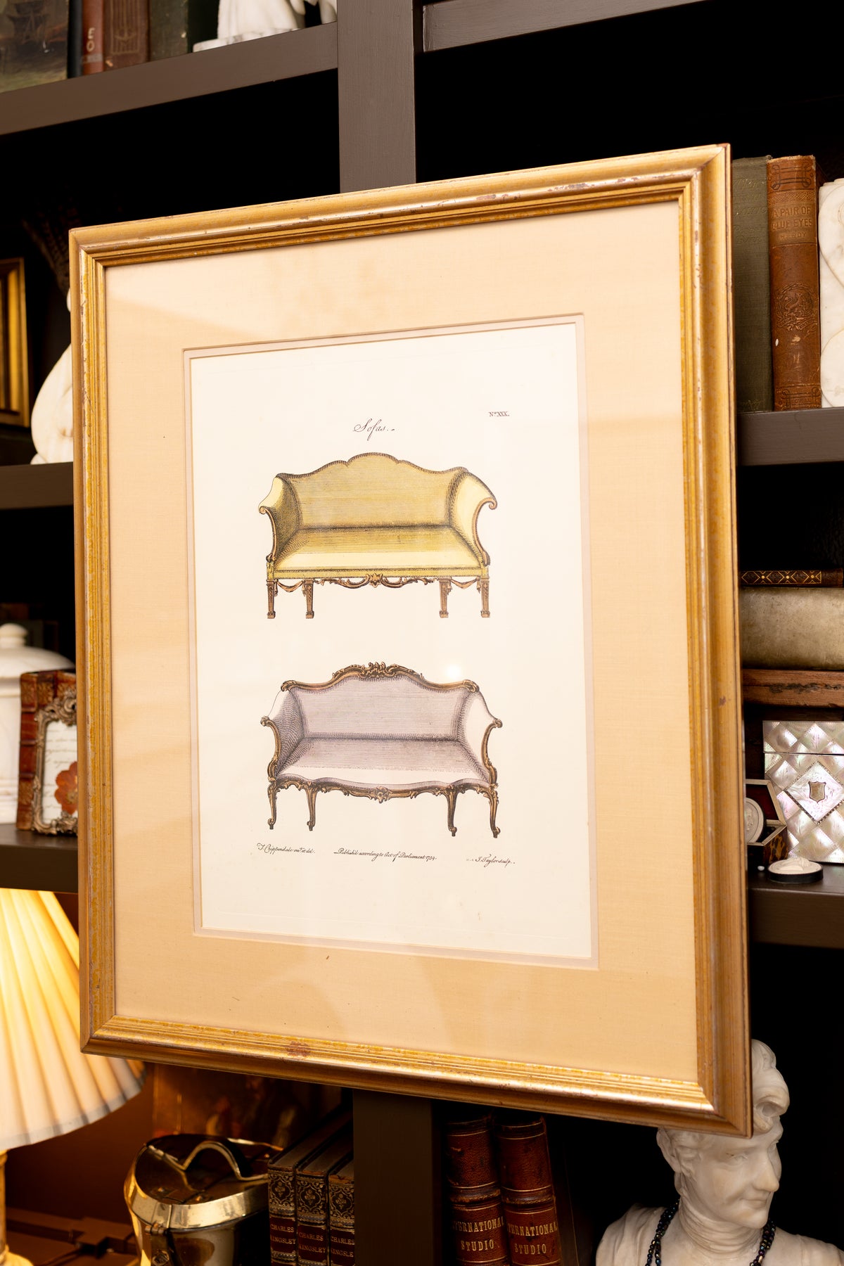Framed Hand-Colored Sofa Engraving