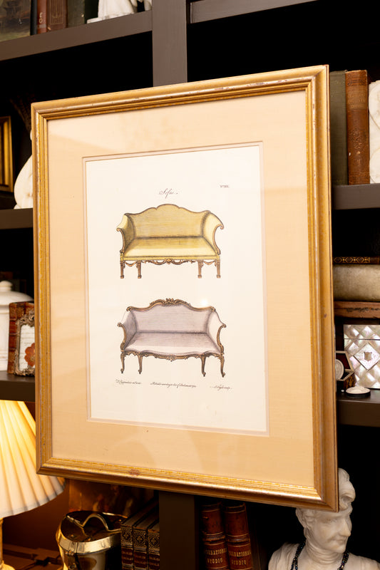 Framed Hand-Colored Sofa Engraving