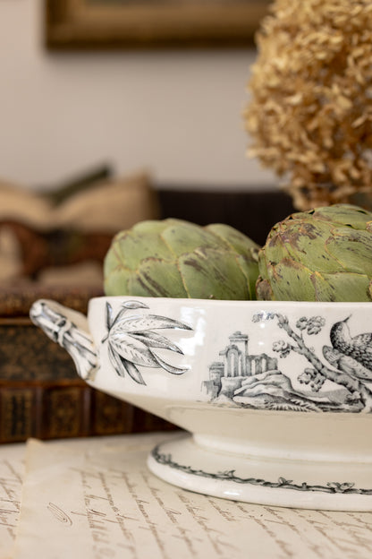 Antique Black Transferware Handled Bowl