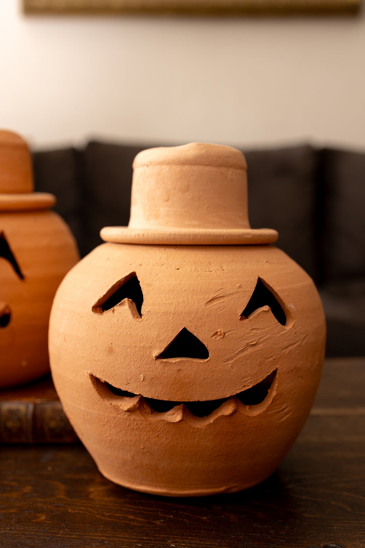 Vintage Hewell’s Pottery Terracotta Jack o’ Lanterns — Pair