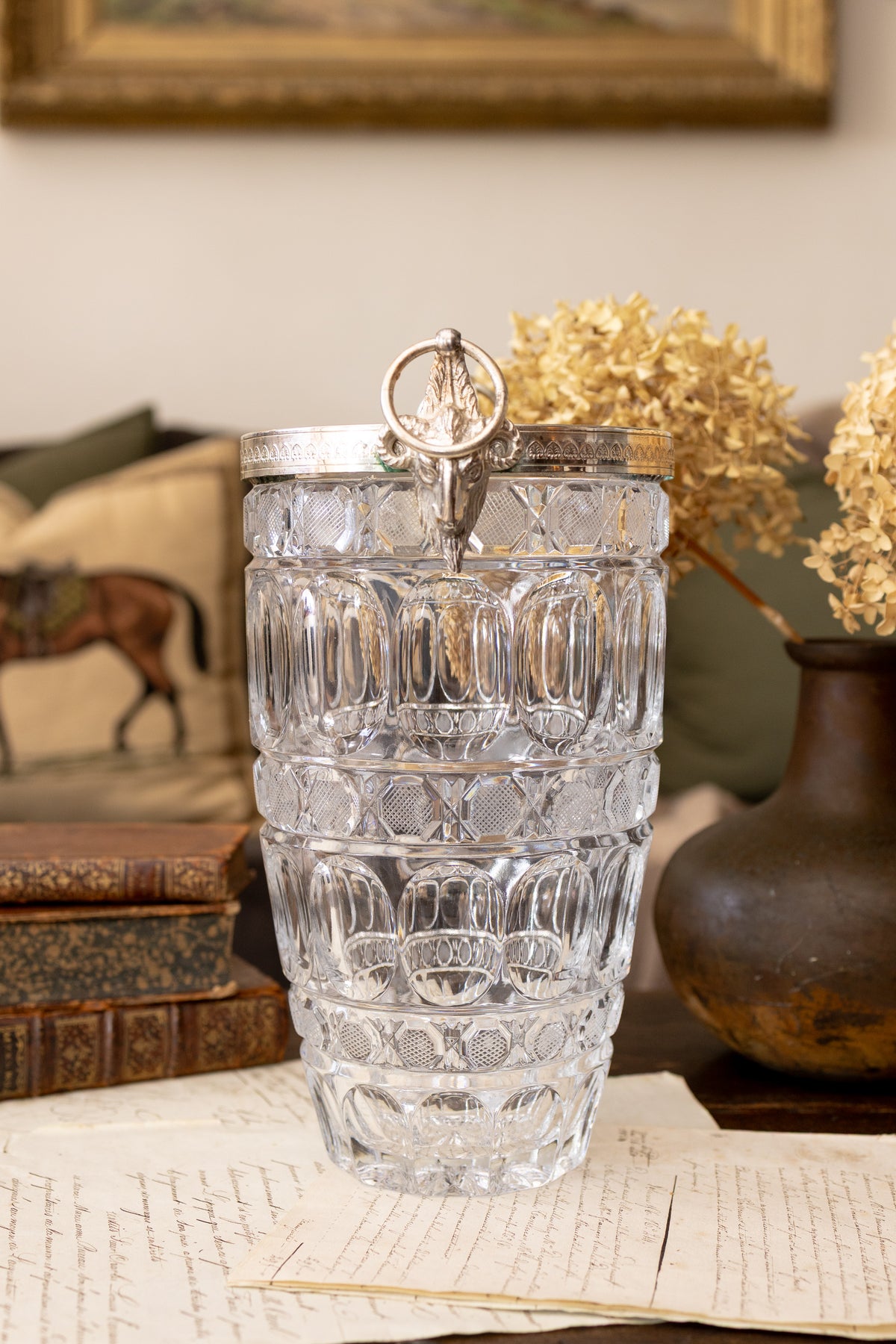 Large Cut Crystal Champagne Bucket with Ram’s Head Handles