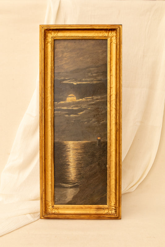 Moonrise Over the Water, Framed Oil on Board