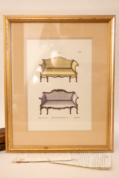 Framed Hand-Colored Sofa Engraving