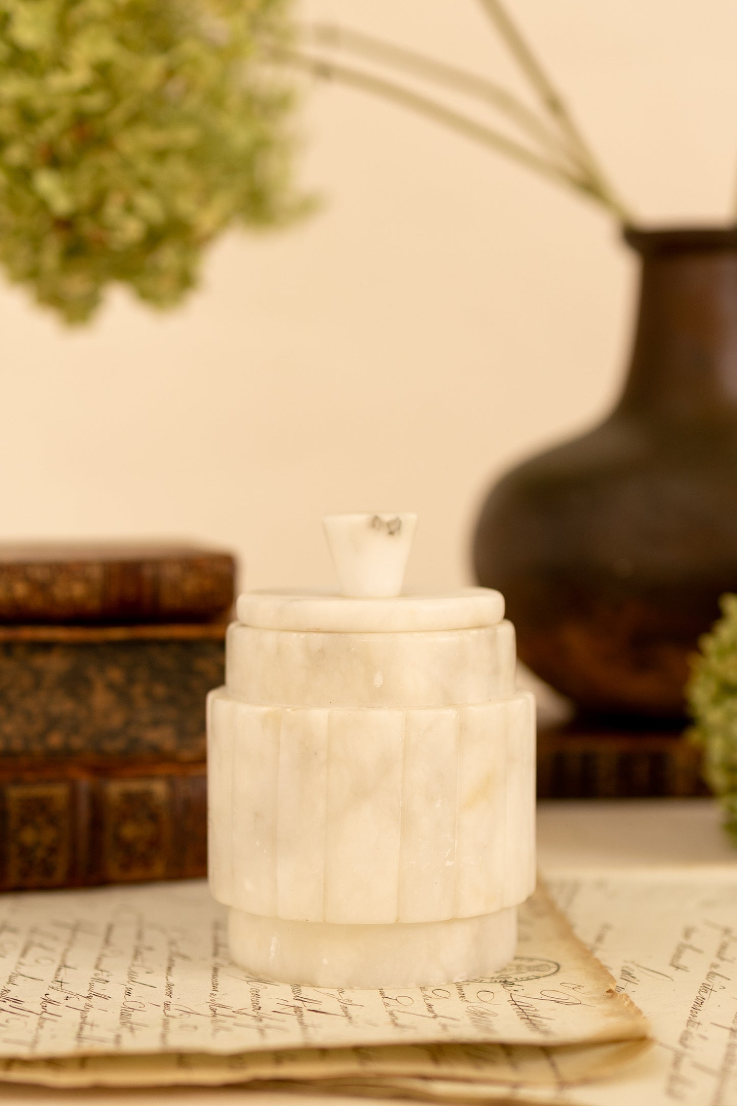Ribbed Alabaster Lidded Jar