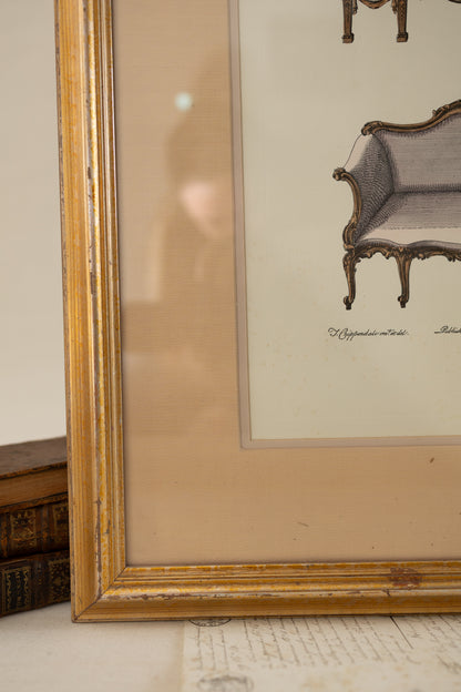 Framed Hand-Colored Sofa Engraving