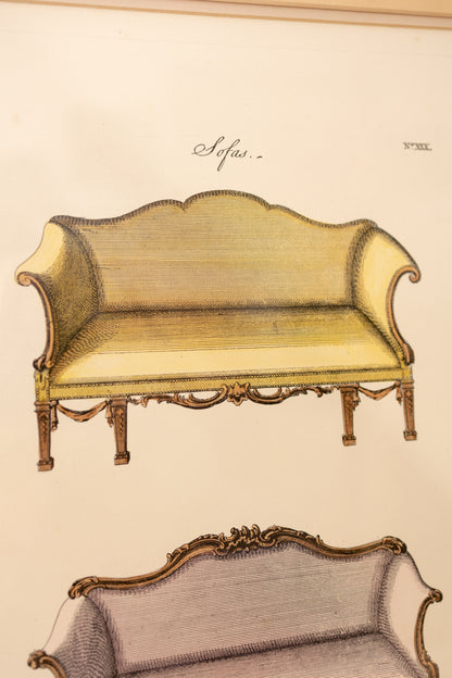 Framed Hand-Colored Sofa Engraving