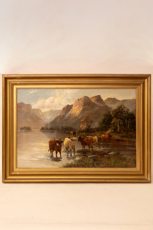 Antique Pastoral Landscpae w/ Highland Cows 1914 (shipping included)