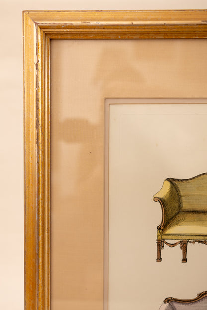 Framed Hand-Colored Sofa Engraving