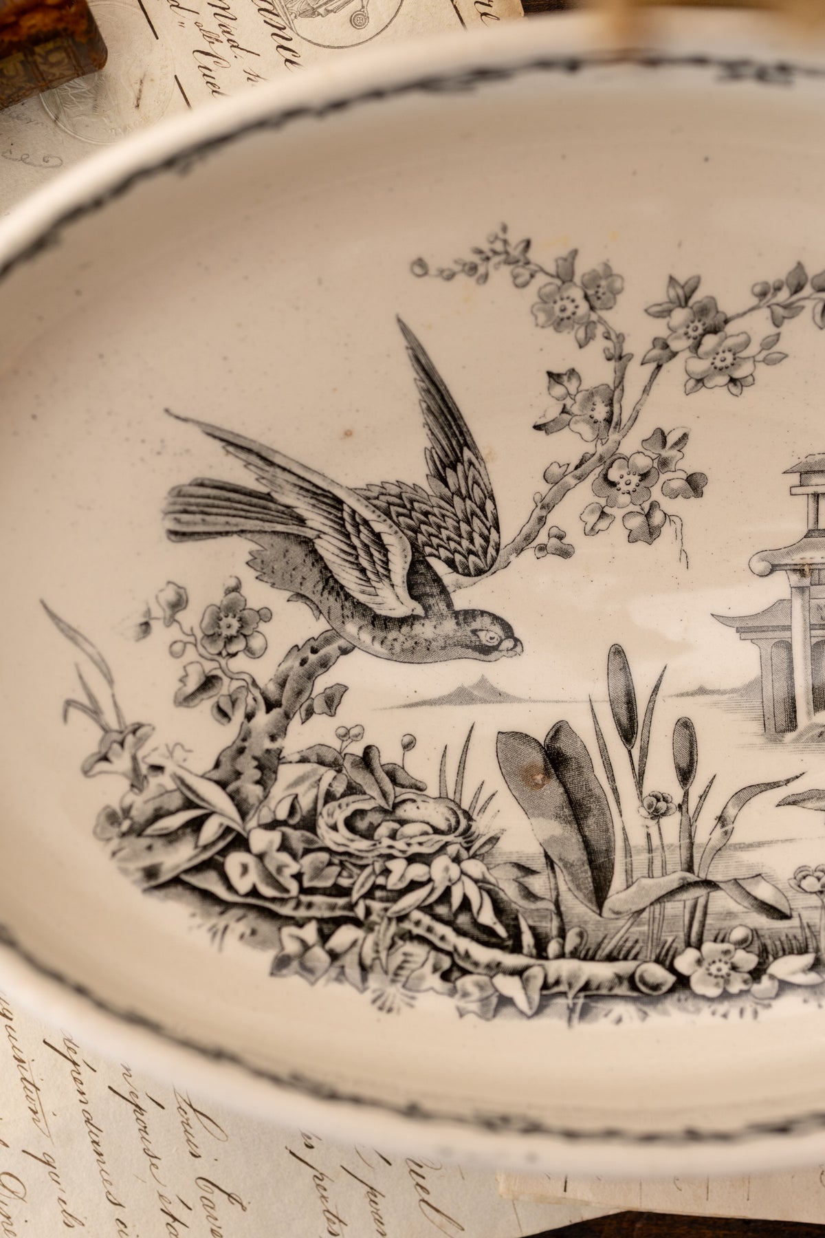 Antique Black Transferware Handled Bowl