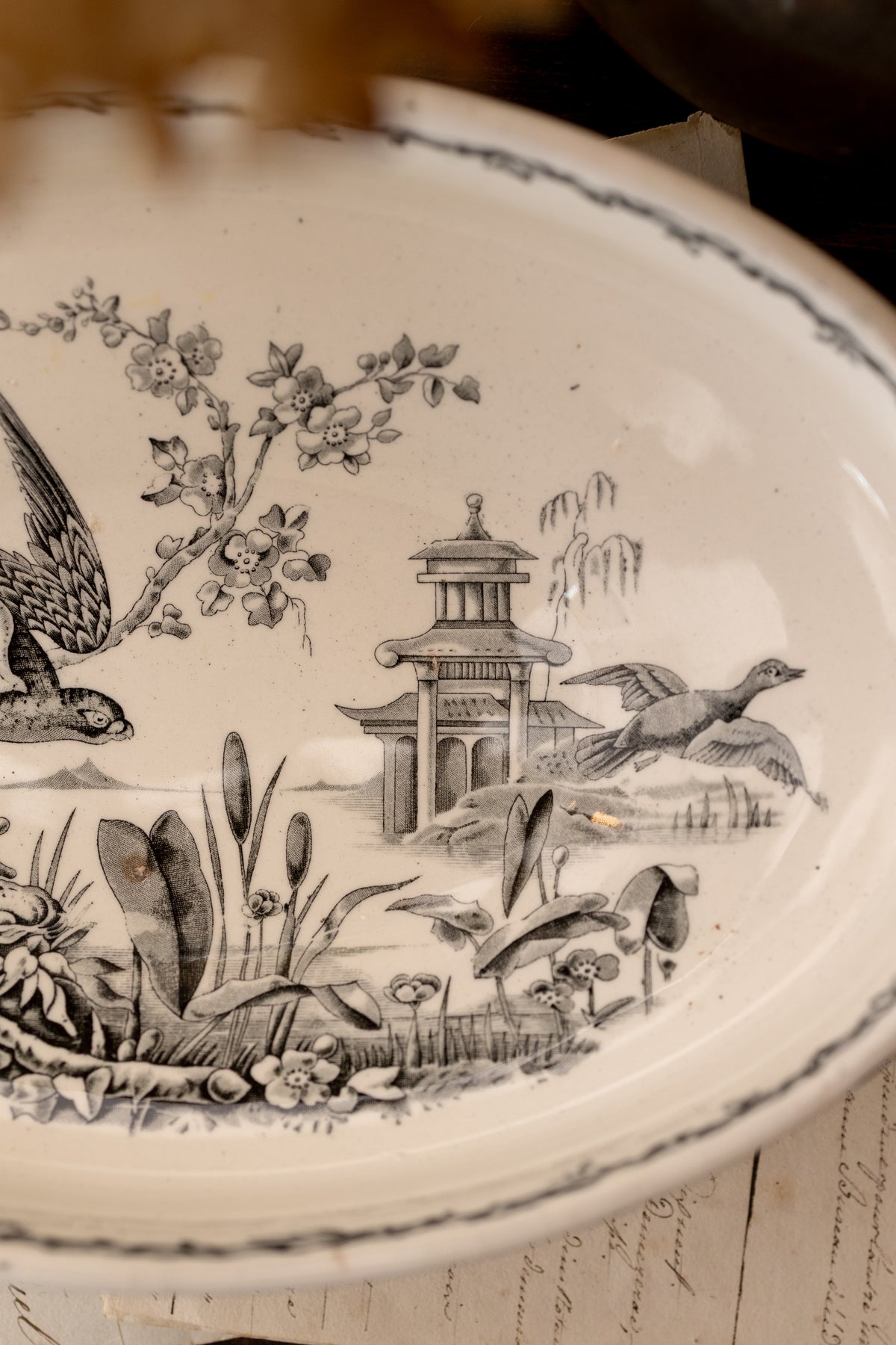 Antique Black Transferware Handled Bowl