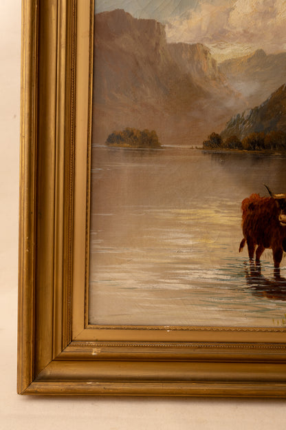 Antique Pastoral Landscpae w/ Highland Cows 1914 (shipping included)