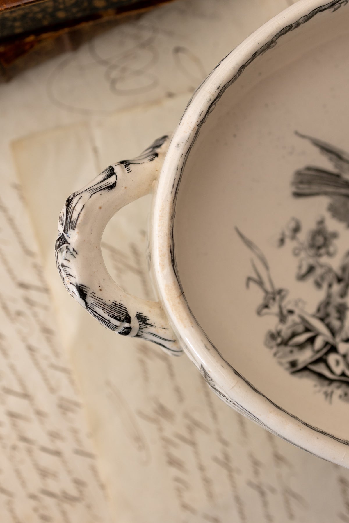 Antique Black Transferware Handled Bowl