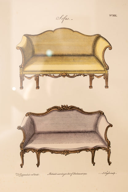 Framed Hand-Colored Sofa Engraving