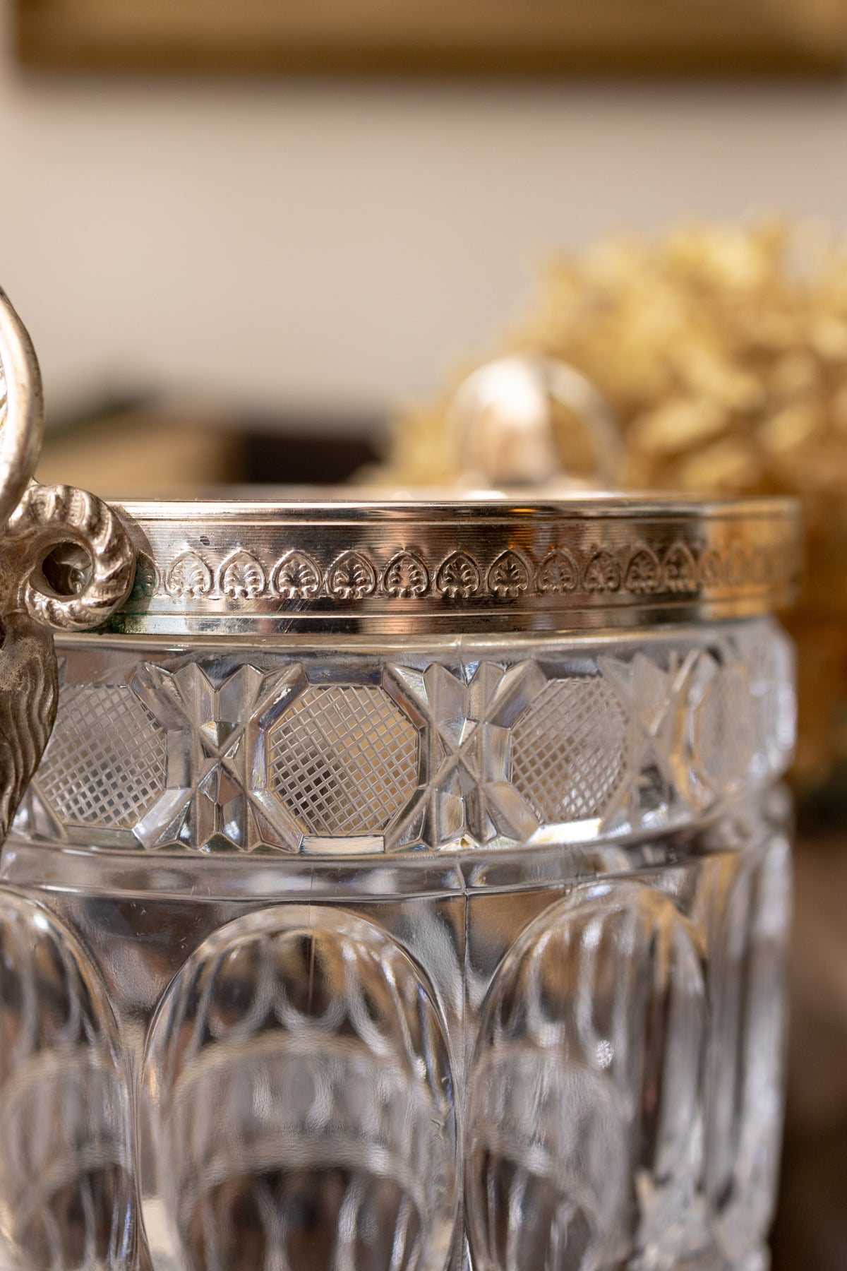 Large Cut Crystal Champagne Bucket with Ram’s Head Handles