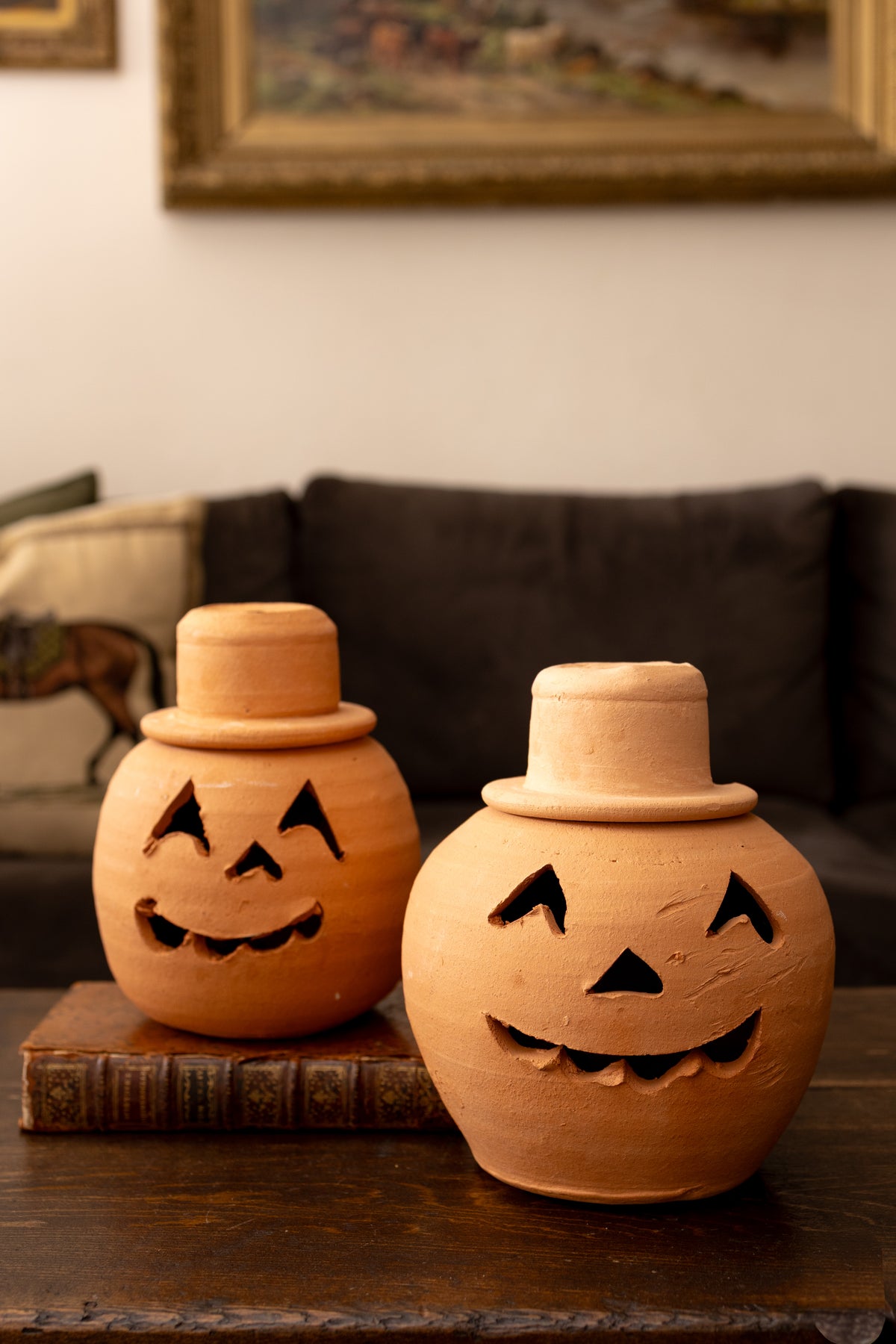 Vintage Hewell’s Pottery Terracotta Jack o’ Lanterns — Pair