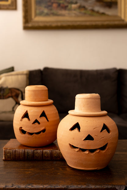 Vintage Hewell’s Pottery Terracotta Jack o’ Lanterns — Pair