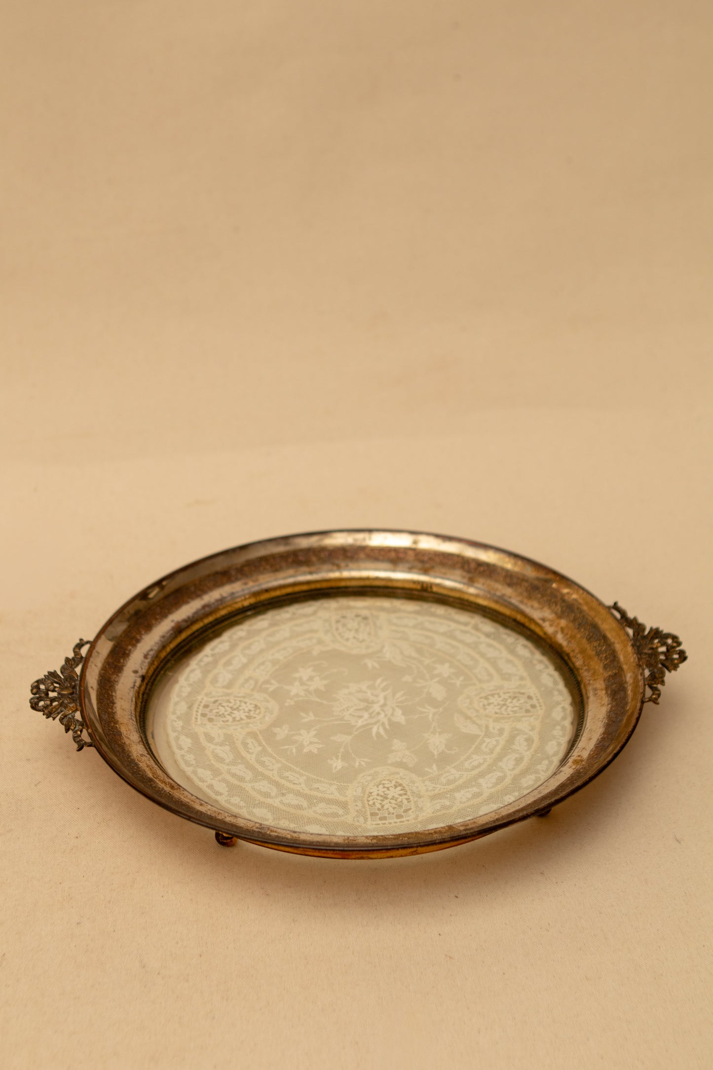Silver Plate Glass Tray w/ Lace Doily Insert