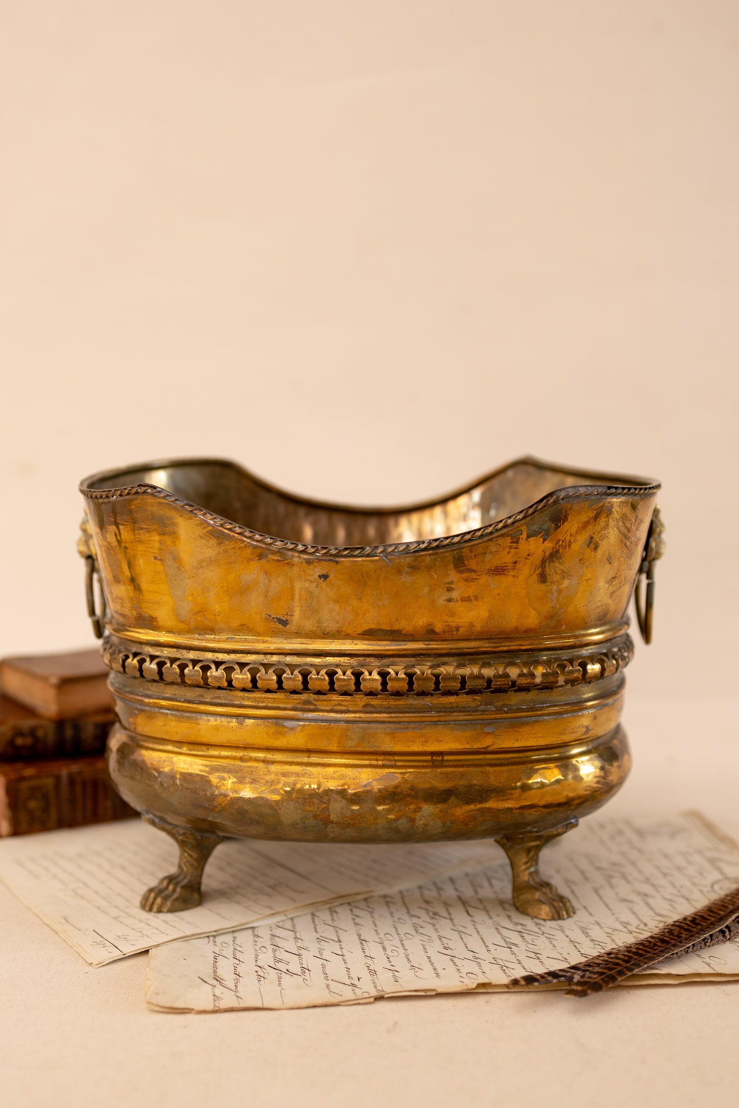 Spanish Brass Jardinière with Lion Ring Handles