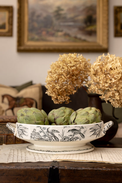 Antique Black Transferware Handled Bowl