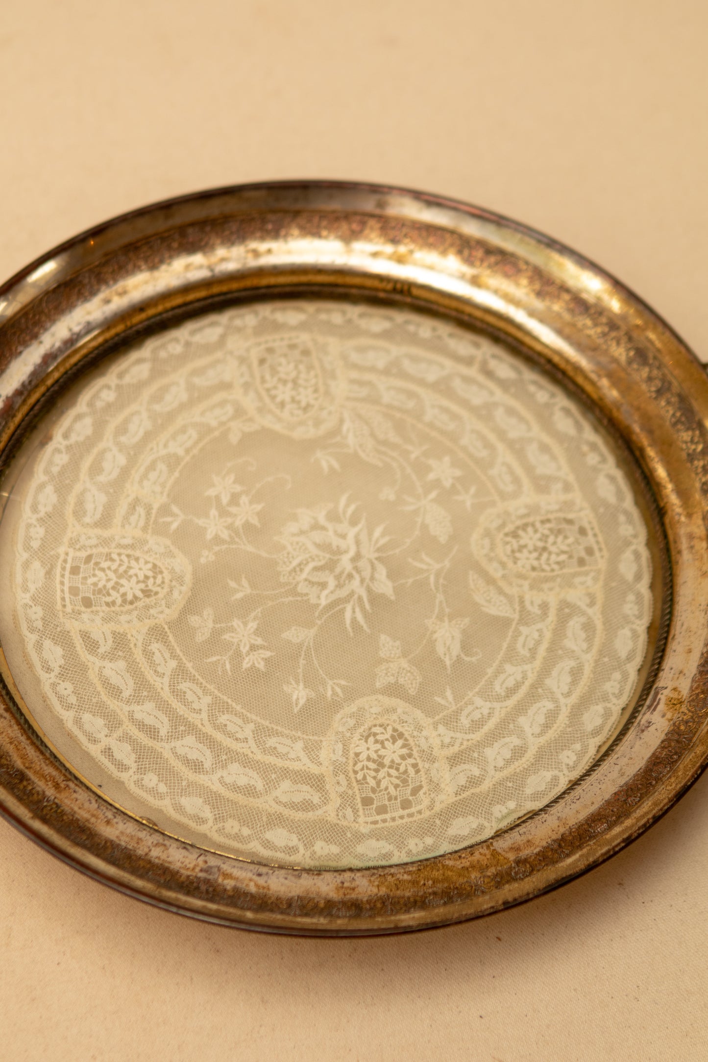 Silver Plate Glass Tray w/ Lace Doily Insert