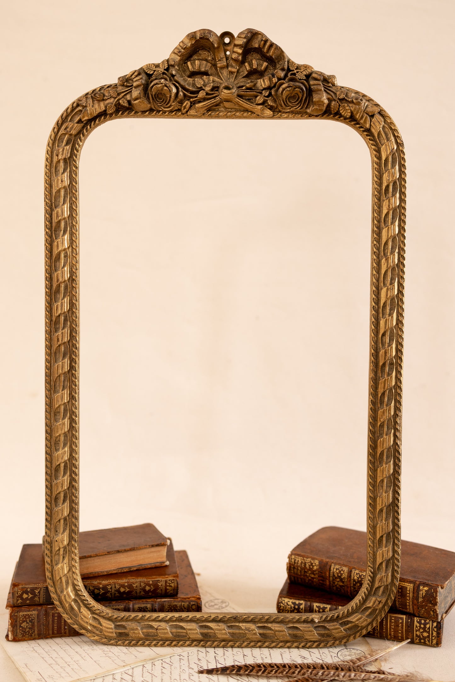 Antique Gesso & Wood Frame with Ribbon Crest