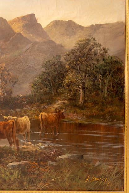Antique Pastoral Landscpae w/ Highland Cows 1914 (shipping included)