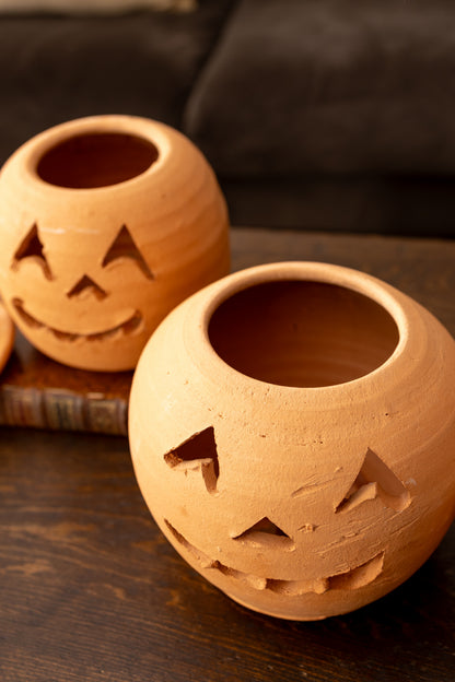 Vintage Hewell’s Pottery Terracotta Jack o’ Lanterns — Pair