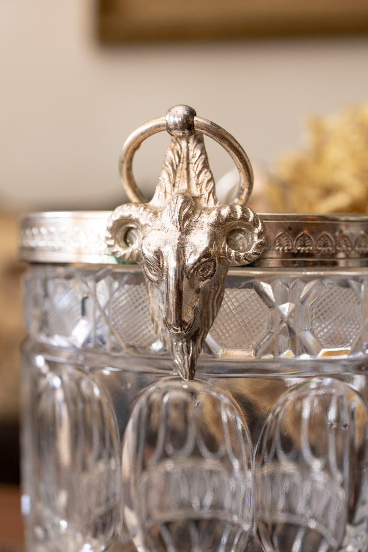 Large Cut Crystal Champagne Bucket with Ram’s Head Handles