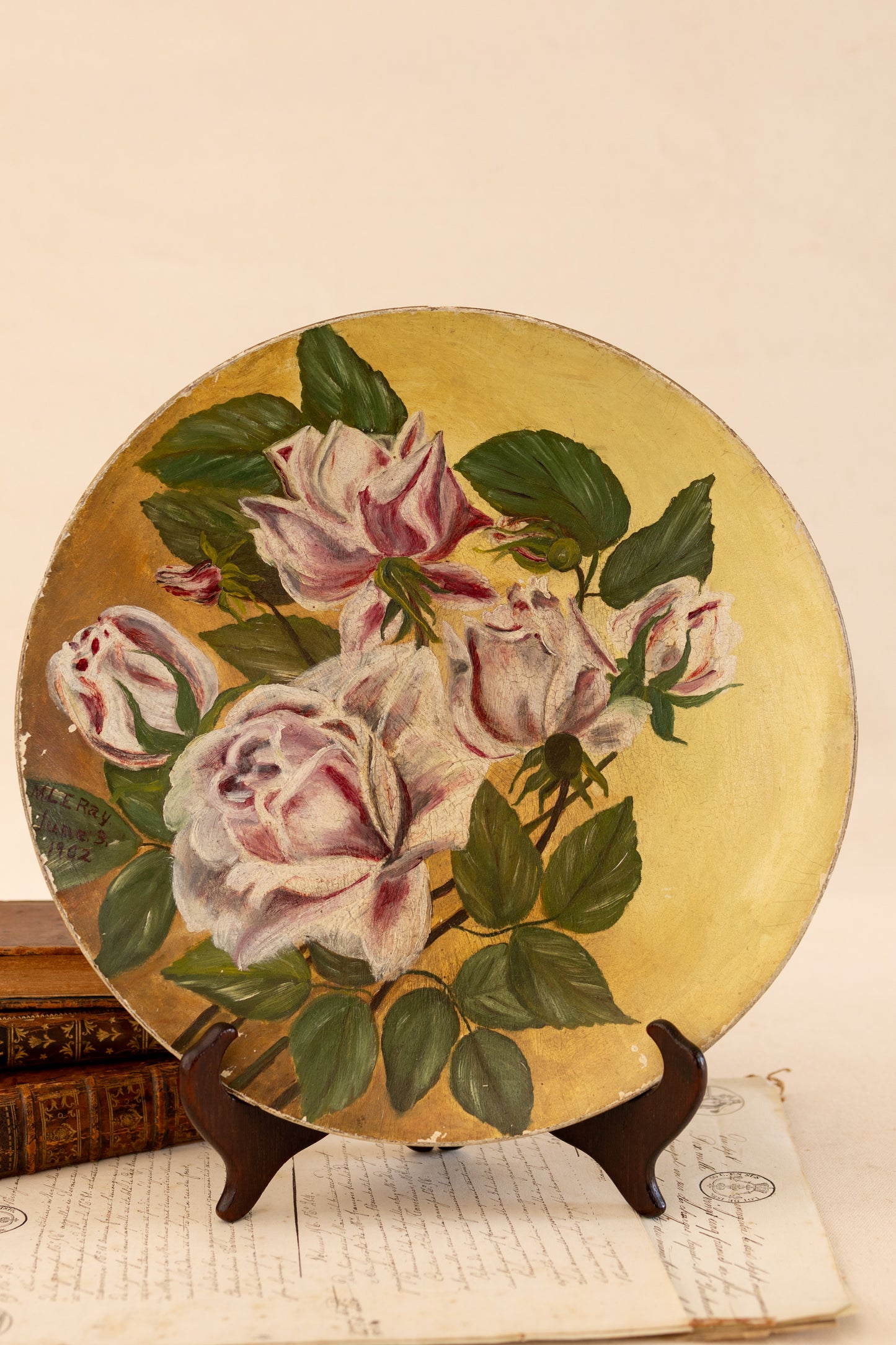 Antique Floral Oil Painting on Paper Mache Board
