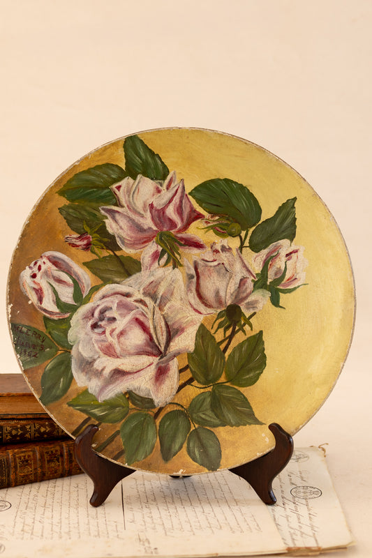 Antique Floral Oil Painting on Paper Mache Board