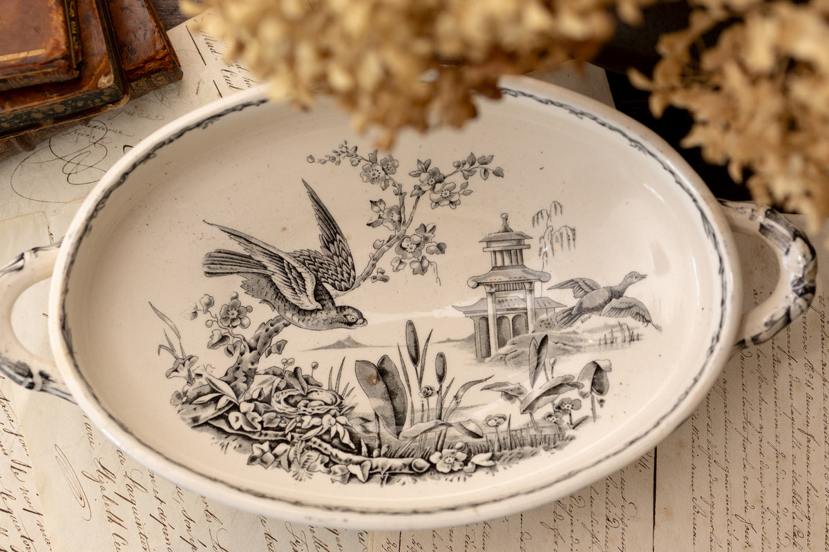 Antique Black Transferware Handled Bowl