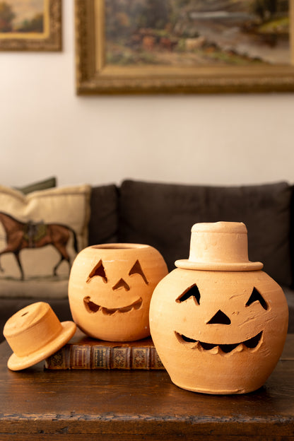 Vintage Hewell’s Pottery Terracotta Jack o’ Lanterns — Pair