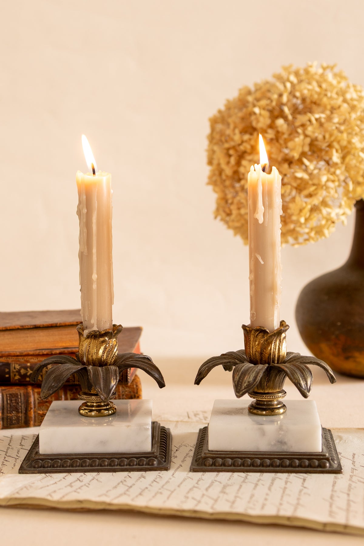 Pair of Brass & Marble Floral Candlestick Holders